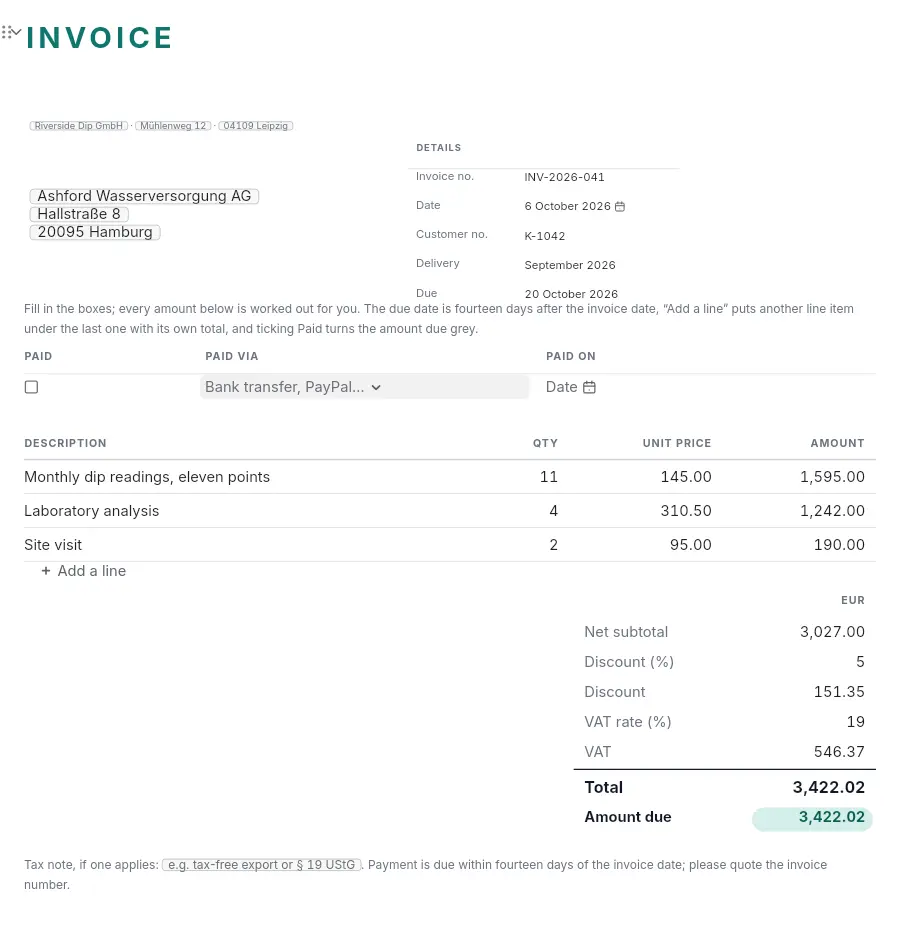 An invoice in LastEditor: boxes to fill in, a table of lines, and totals that work themselves out.