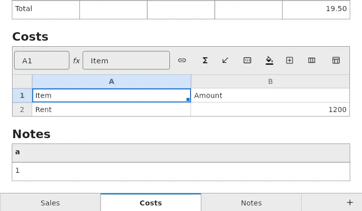 A sheet with tabs named Sales, Costs and Notes.
